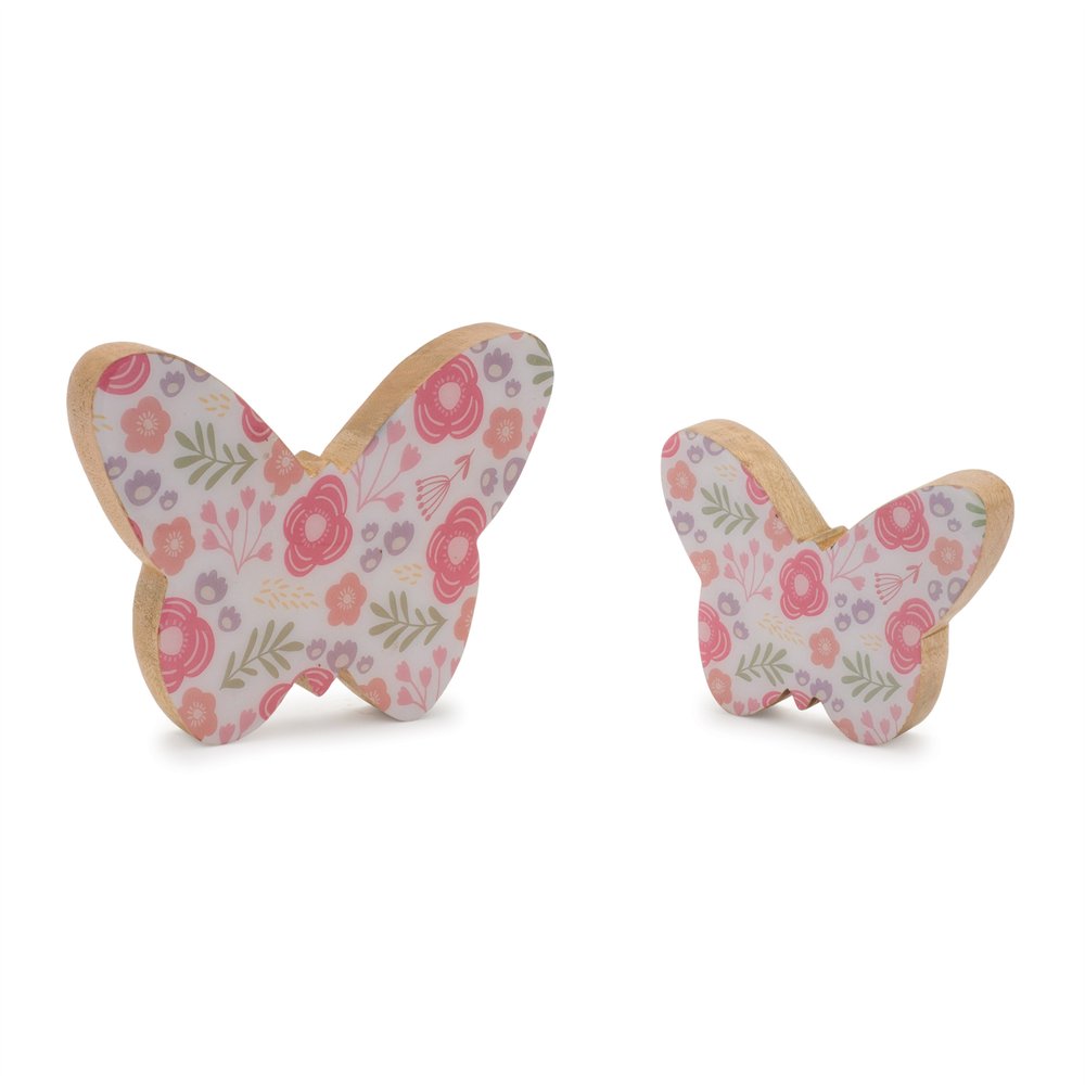 Set of Two White And Pink Wood Butterfly Tabletop Sculptures HomeRoots