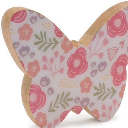 Set of Two White And Pink Wood Butterfly Tabletop Sculptures HomeRoots
