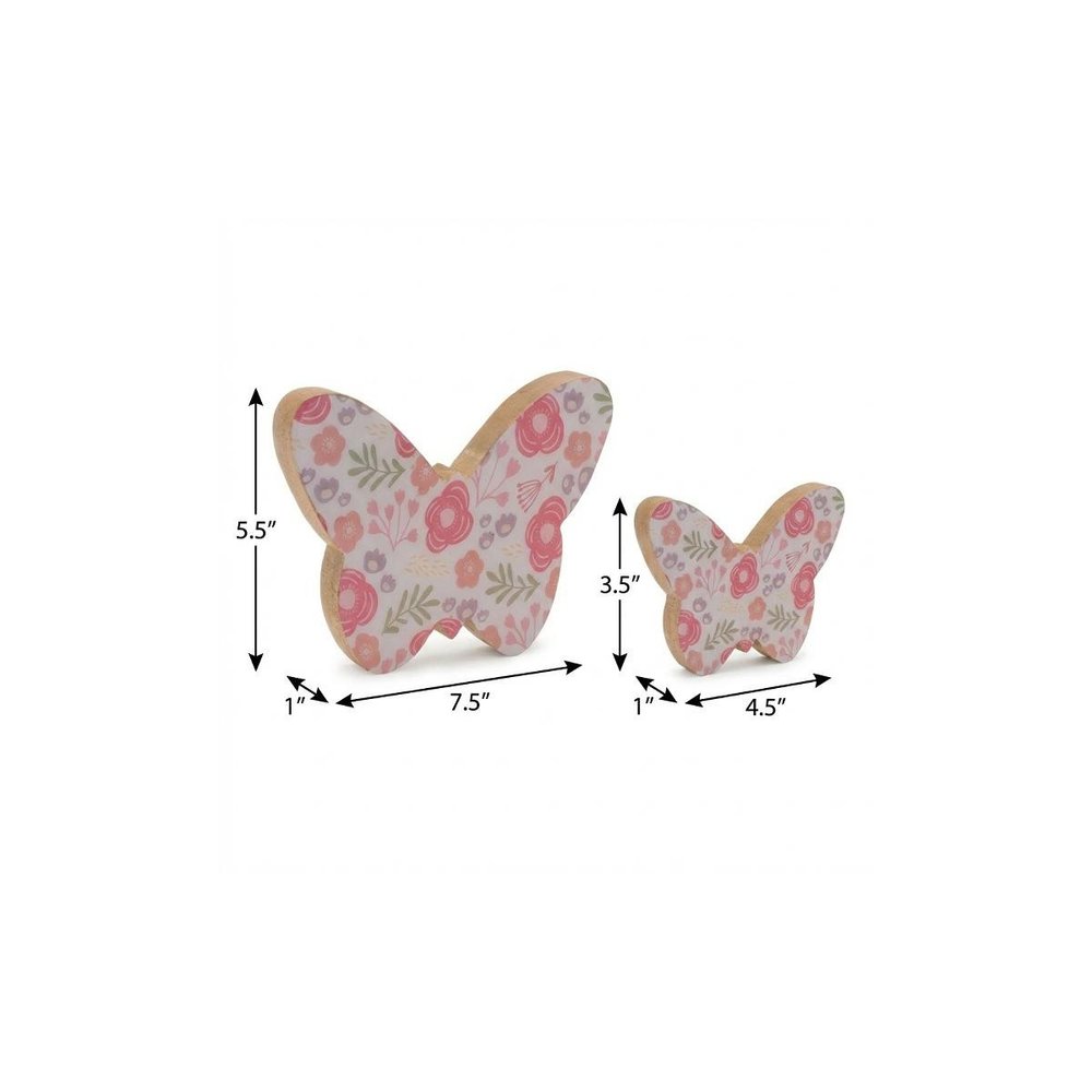 Set of Two White And Pink Wood Butterfly Tabletop Sculptures HomeRoots