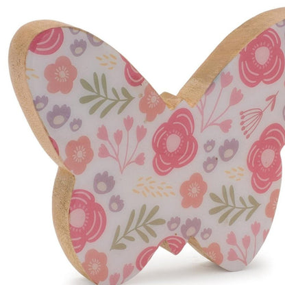 Set of Two White And Pink Wood Butterfly Tabletop Sculptures HomeRoots