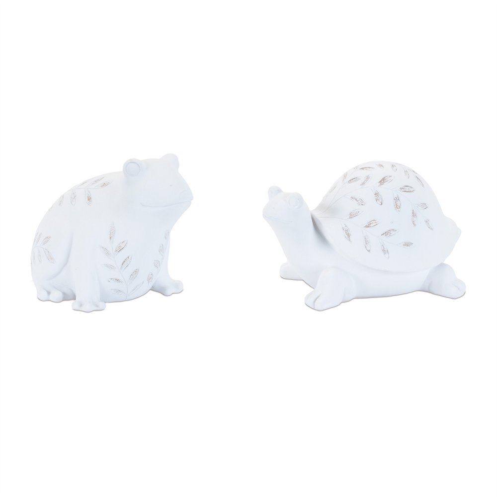 Set of Two White Polyresin Frog And Turtle Figurines HomeRoots