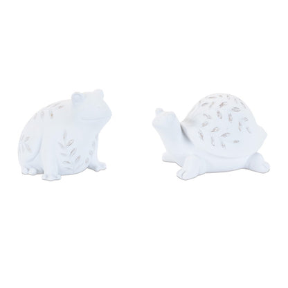 Set of Two White Polyresin Frog And Turtle Figurines HomeRoots