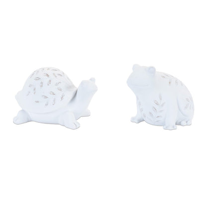 Set of Two White Polyresin Frog And Turtle Figurines HomeRoots