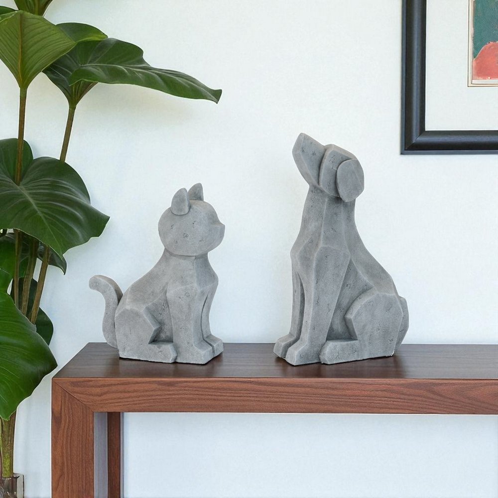 Set of Two Gray Polyresin Cat And Dog Figurines HomeRoots
