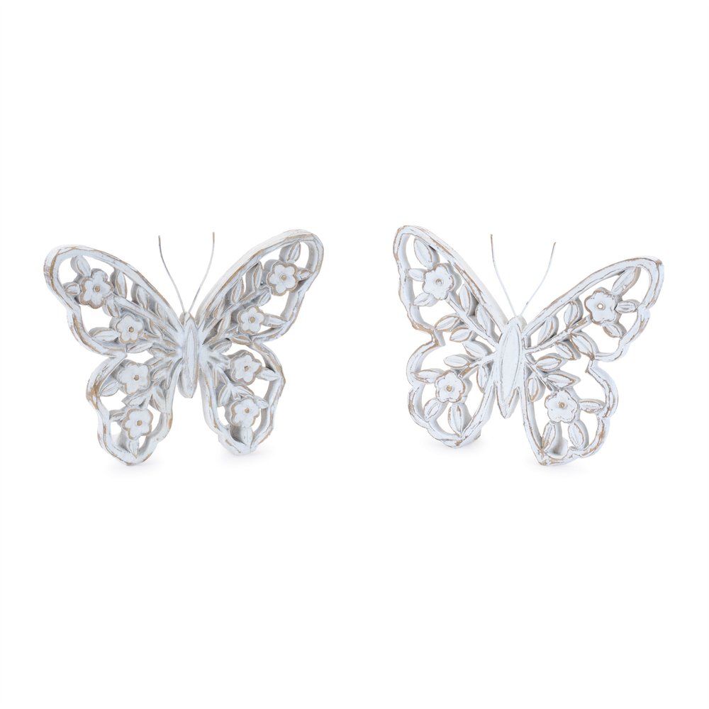 Set of Two White And Beige Polyresin Butterfly Tabletop Sculptures HomeRoots