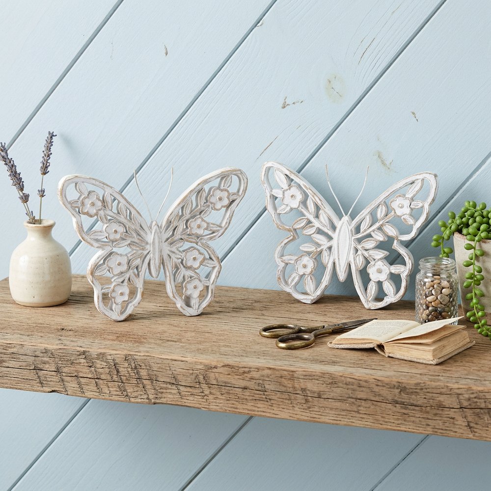 Set of Two White And Beige Polyresin Butterfly Tabletop Sculptures HomeRoots