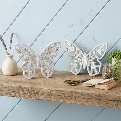 Set of Two White And Beige Polyresin Butterfly Tabletop Sculptures HomeRoots