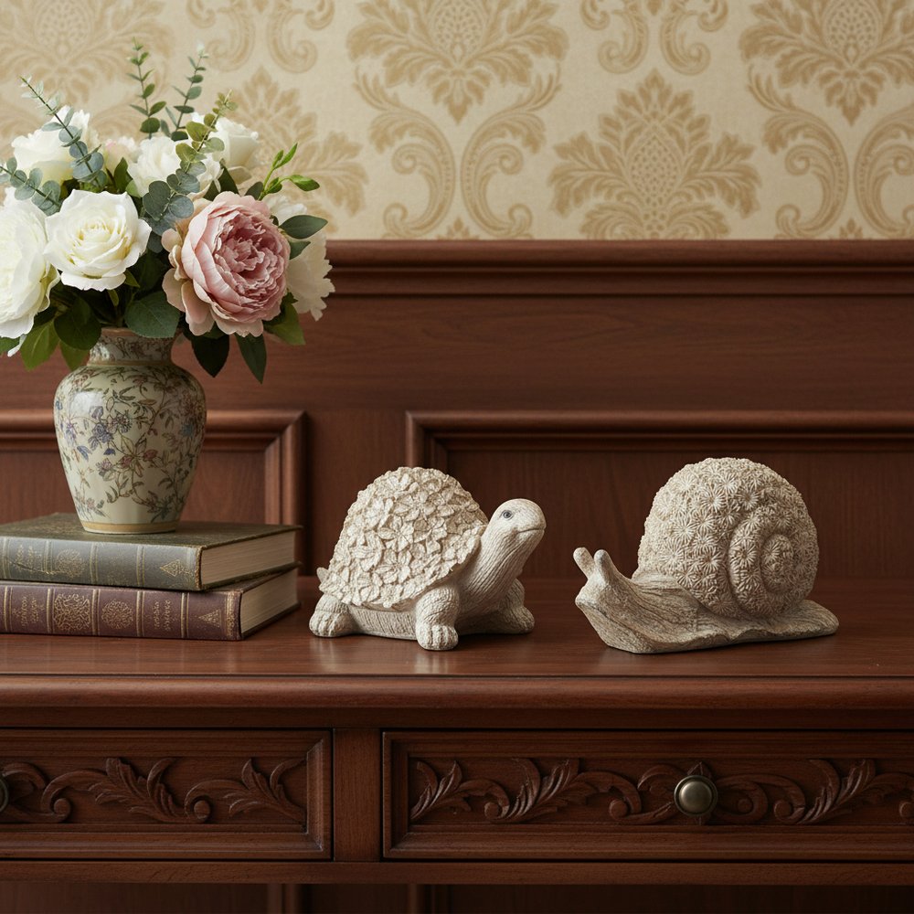 Set of Two Brown Polyresin Snail And Turtle Tabletop Sculptures HomeRoots