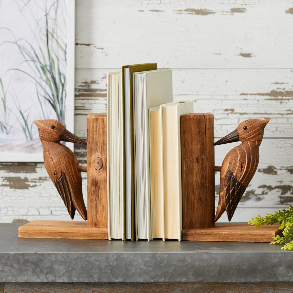 Set of Two Brown Wood Bird Decorative Bookends HomeRoots