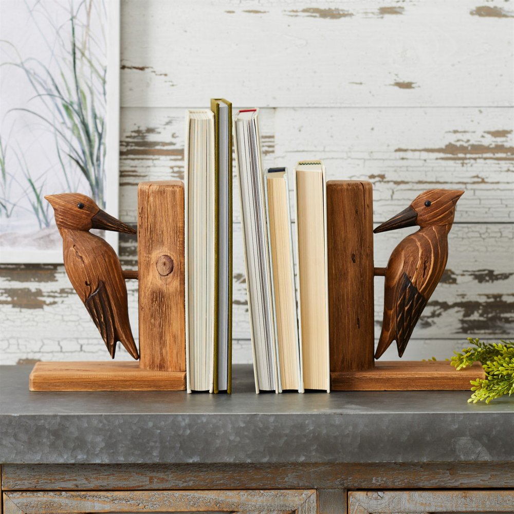 Set of Two Brown Wood Bird Decorative Bookends HomeRoots