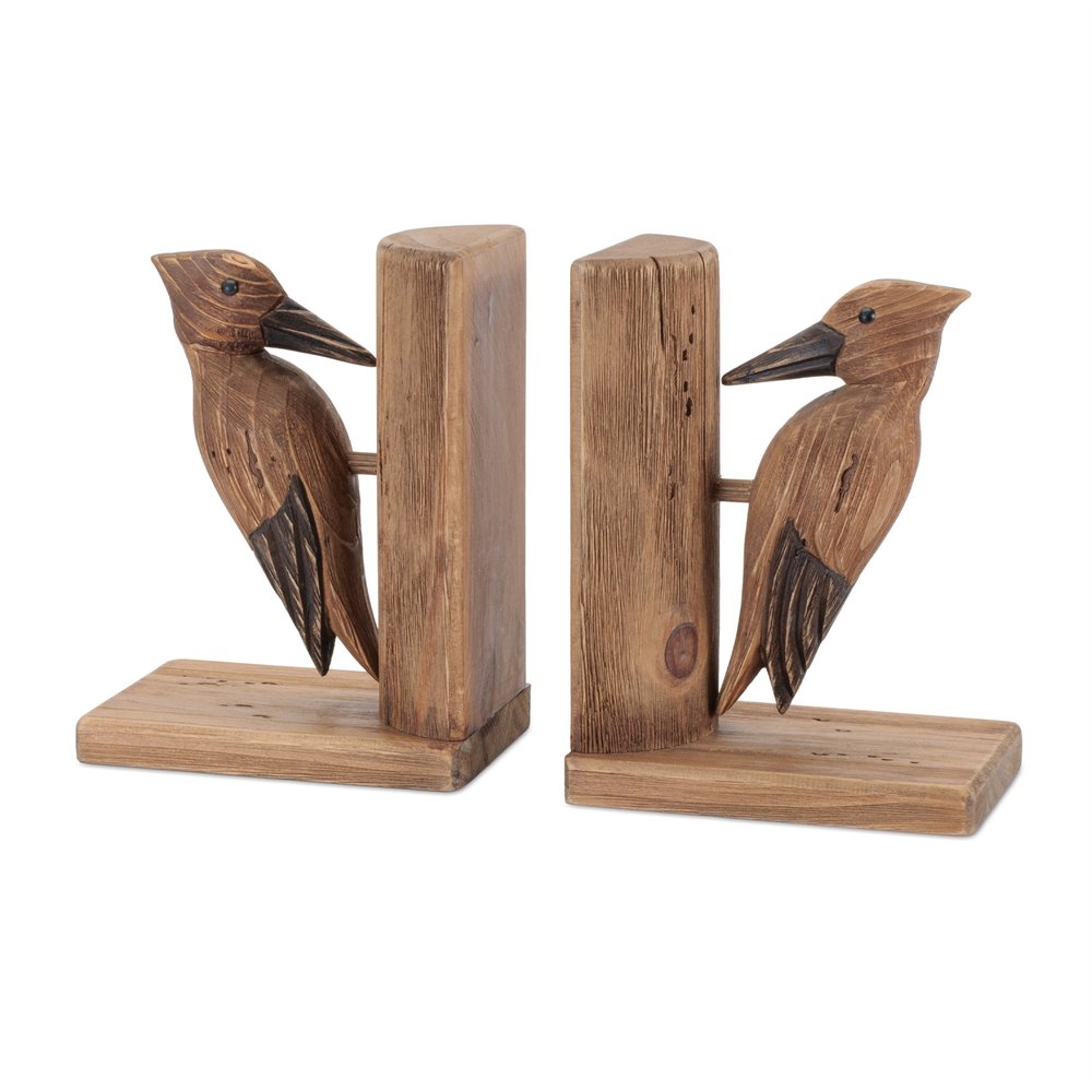 Set of Two Brown Wood Bird Decorative Bookends HomeRoots