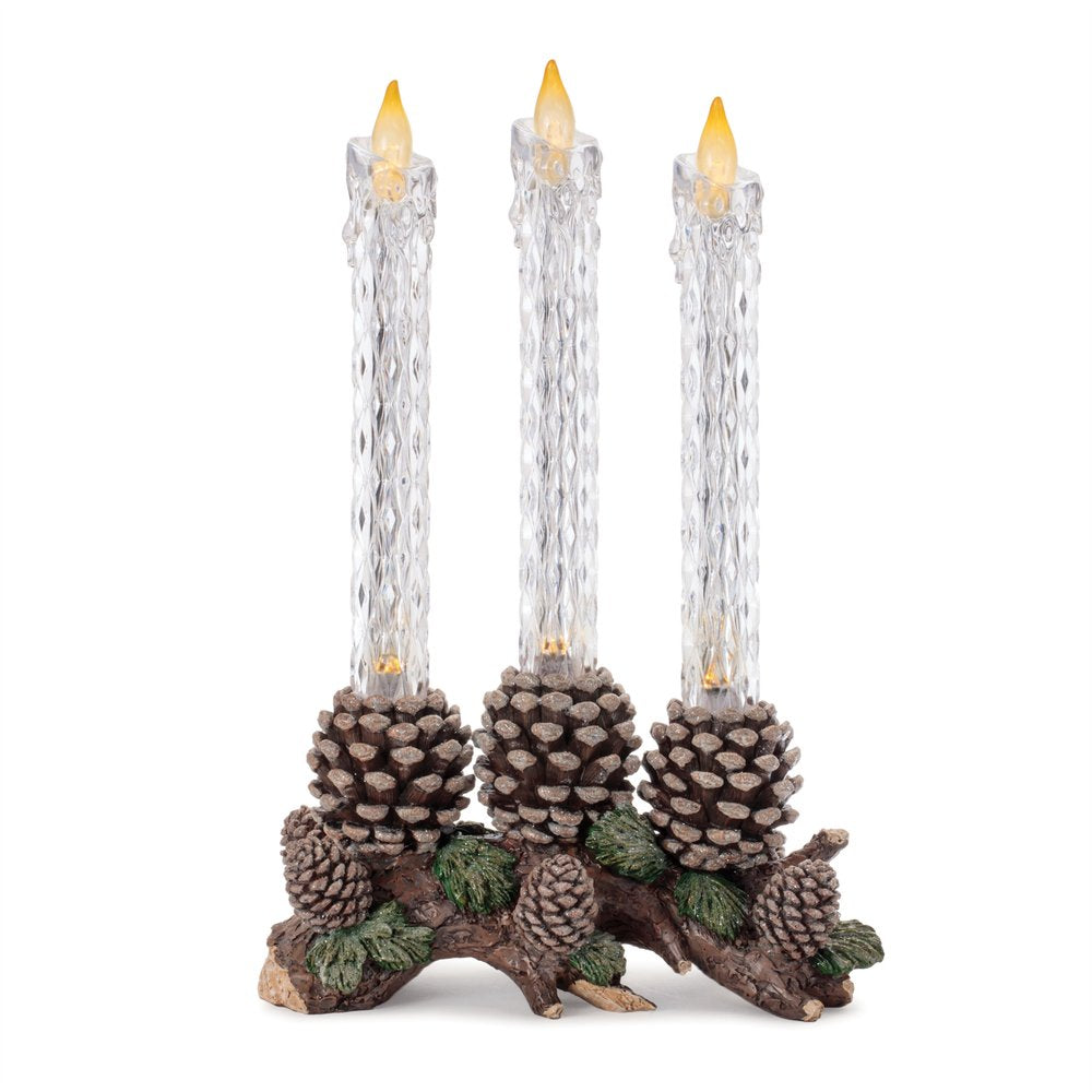 Set of Three Clear Flameless Taper Candles In Brown And Green Resin Pinecone Holder HomeRoots