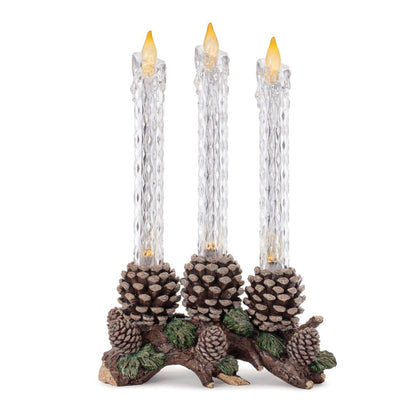 Set of Three Clear Flameless Taper Candles In Brown And Green Resin Pinecone Holder HomeRoots