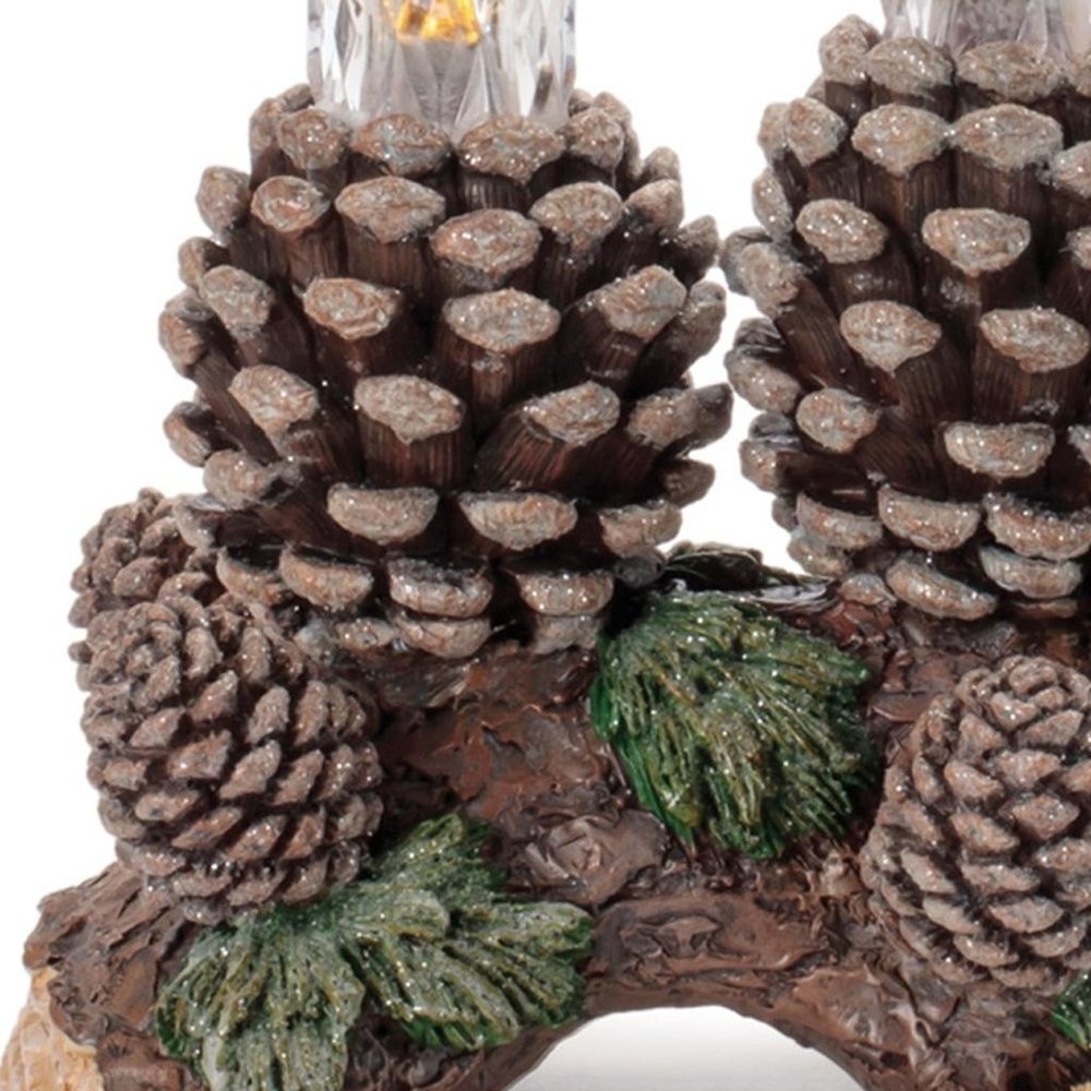 Set of Three Clear Flameless Taper Candles In Brown And Green Resin Pinecone Holder HomeRoots