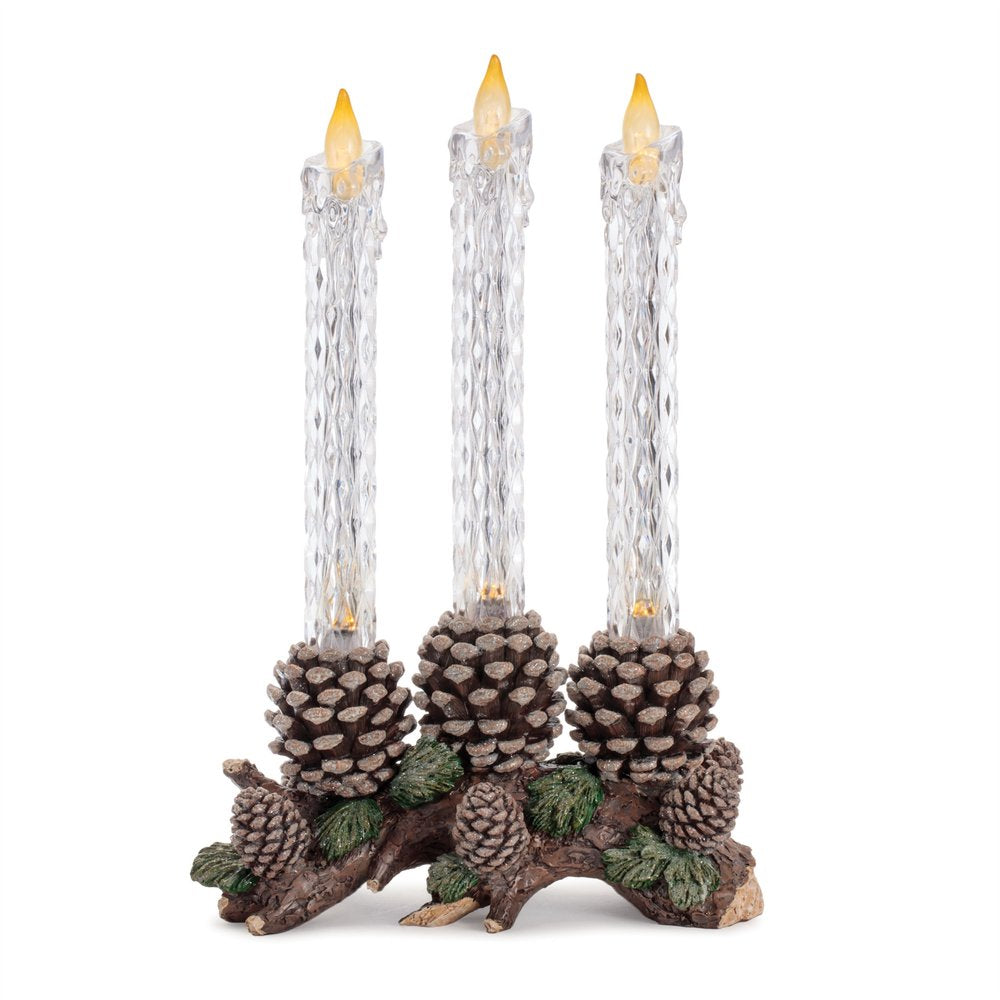 Set of Three Clear Flameless Taper Candles In Brown And Green Resin Pinecone Holder HomeRoots