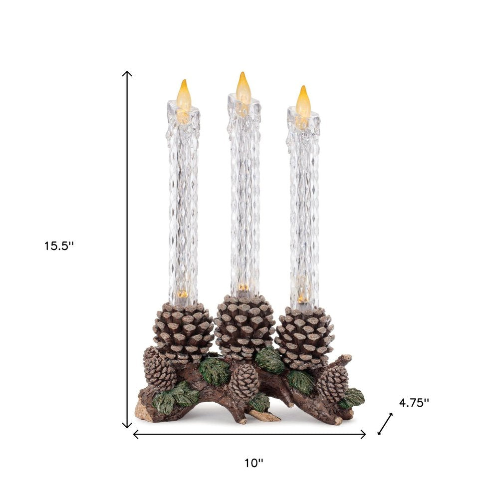 Set of Three Clear Flameless Taper Candles In Brown And Green Resin Pinecone Holder HomeRoots