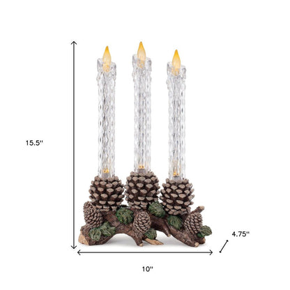 Set of Three Clear Flameless Taper Candles In Brown And Green Resin Pinecone Holder HomeRoots