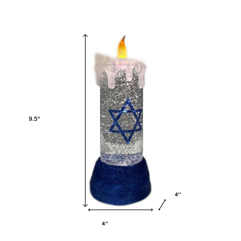 10" Blue And White Flameless Hanukkah Pillar Candle With Snow Globe HomeRoots