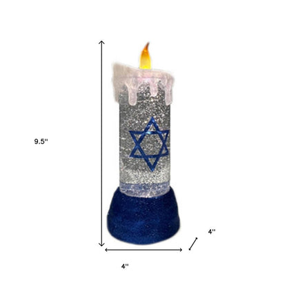 10" Blue And White Flameless Hanukkah Pillar Candle With Snow Globe HomeRoots