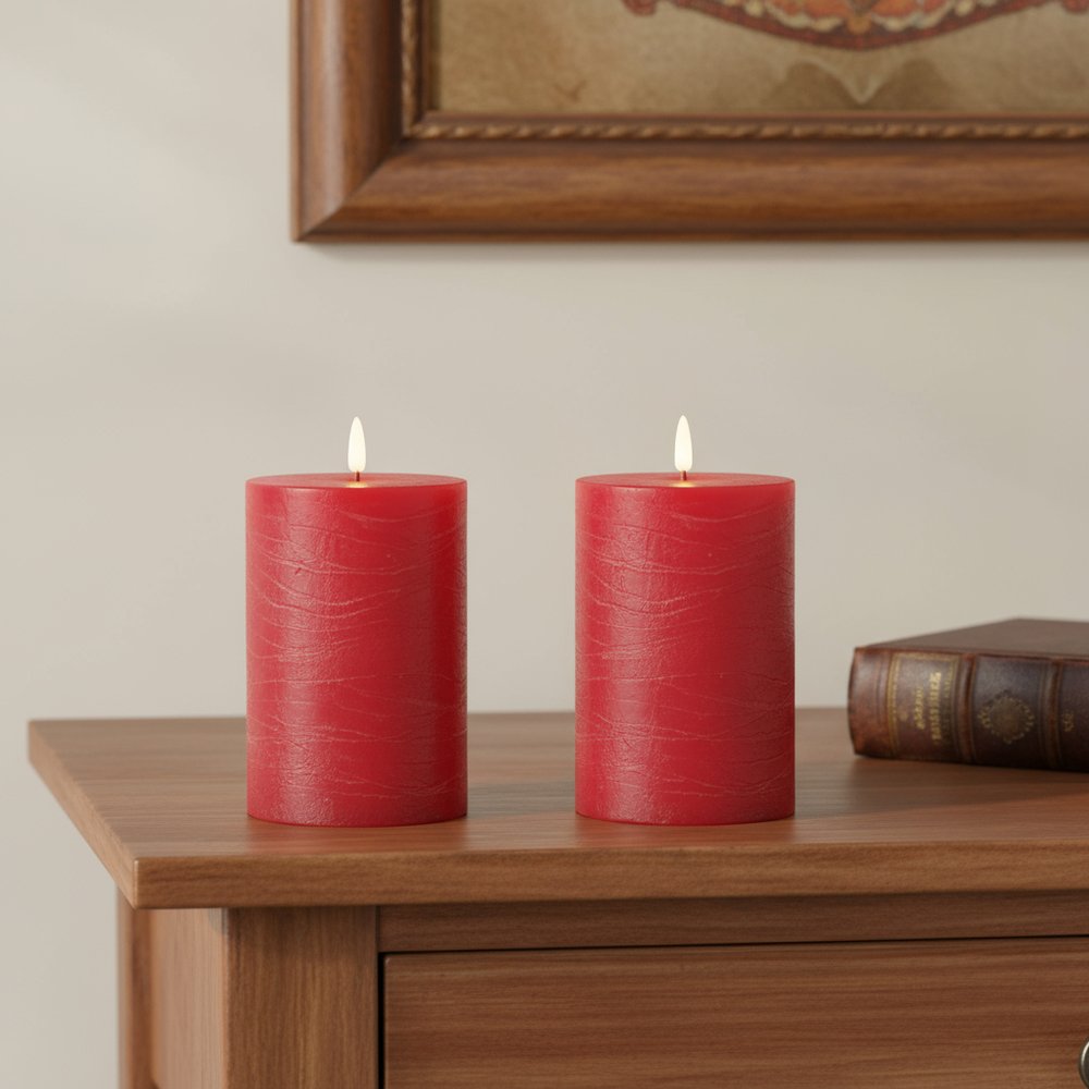 Set of Two Red Unscented Candle Flameless Pillar Candles HomeRoots