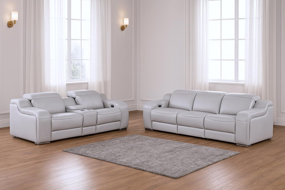 Two Piece Light Gray Leather Five Person Seating Set — view 1