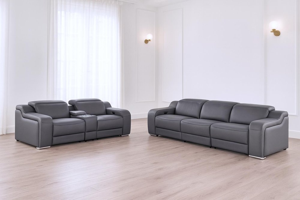 Two Piece Dark Gray Leather Five Person Seating Set — view 2