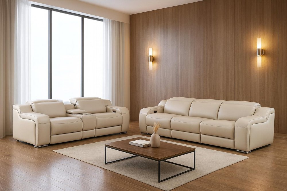Two Piece Beige Leather Five Person Seating Set — view 2