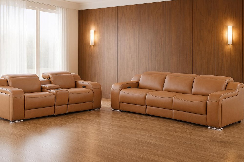 Two Piece Chestnut Leather Five Person Seating Set — view 1