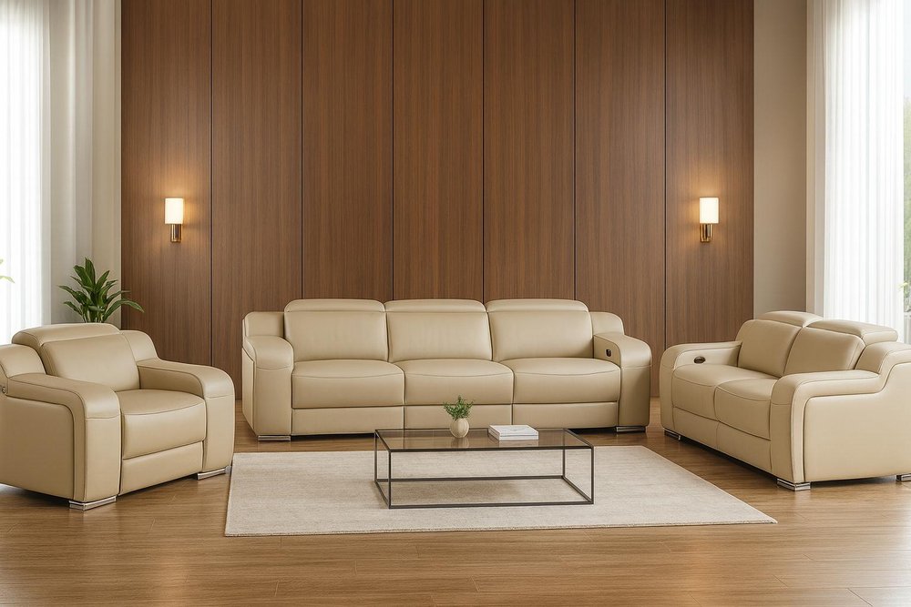 Three Piece Beige Leather Five Person Seating Set — view 2