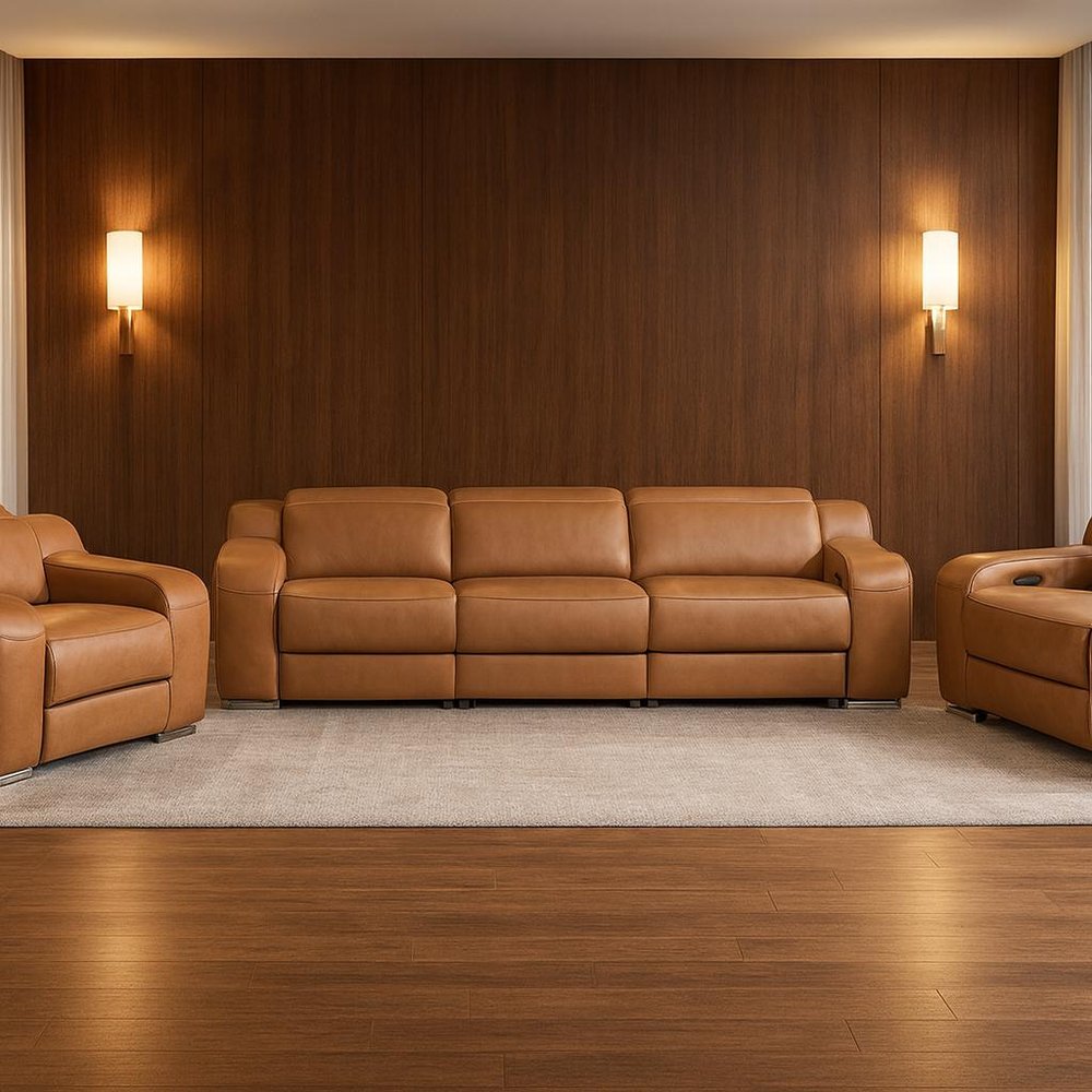 Three Piece Chestnut Leather Five Person Seating Set — view 2