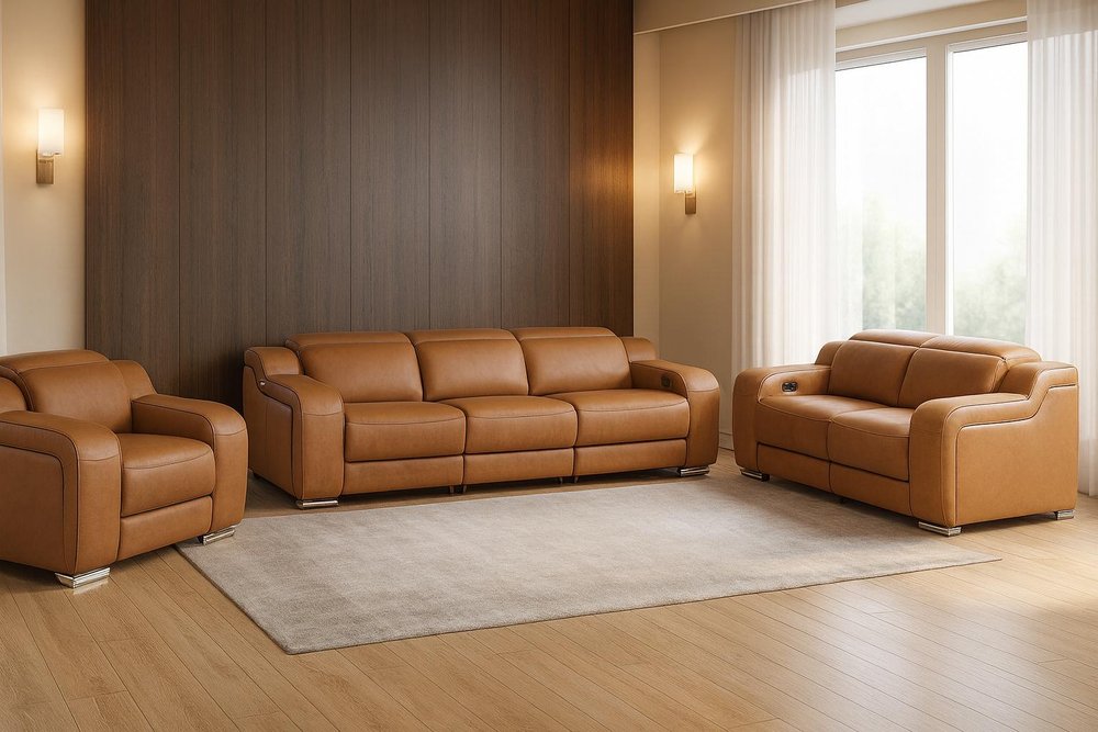 Three Piece Chestnut Leather Five Person Seating Set — view 3