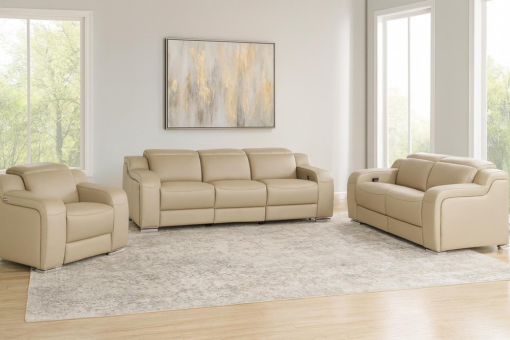 Three Piece Beige Leather Six Person Seating Set — view 2