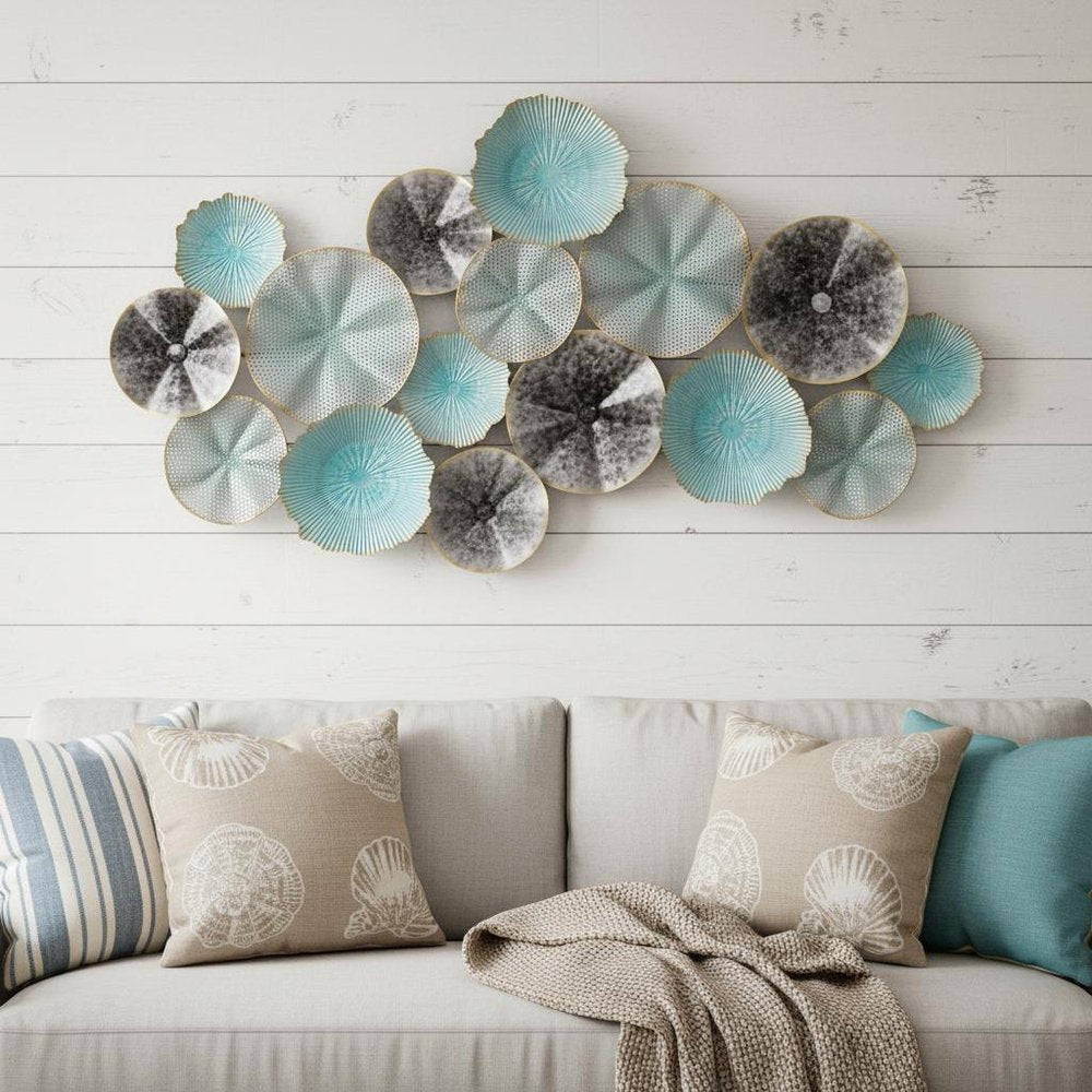 24" X 44" Aqua Charcoal And Silver Abstract Metal Round Discs Hanging Dimensional Sculpture — view 5