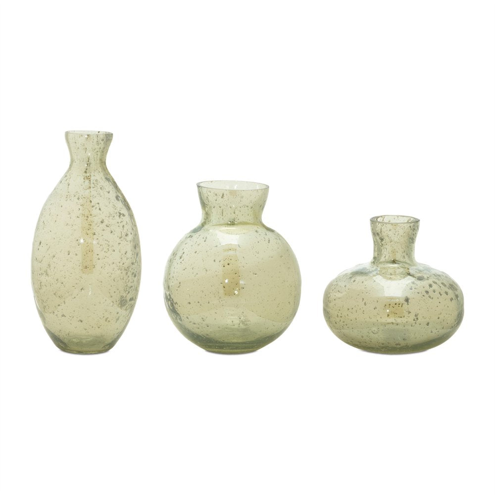 Set of Three Sage Green Seeded Bubble Glass Table Vases HomeRoots