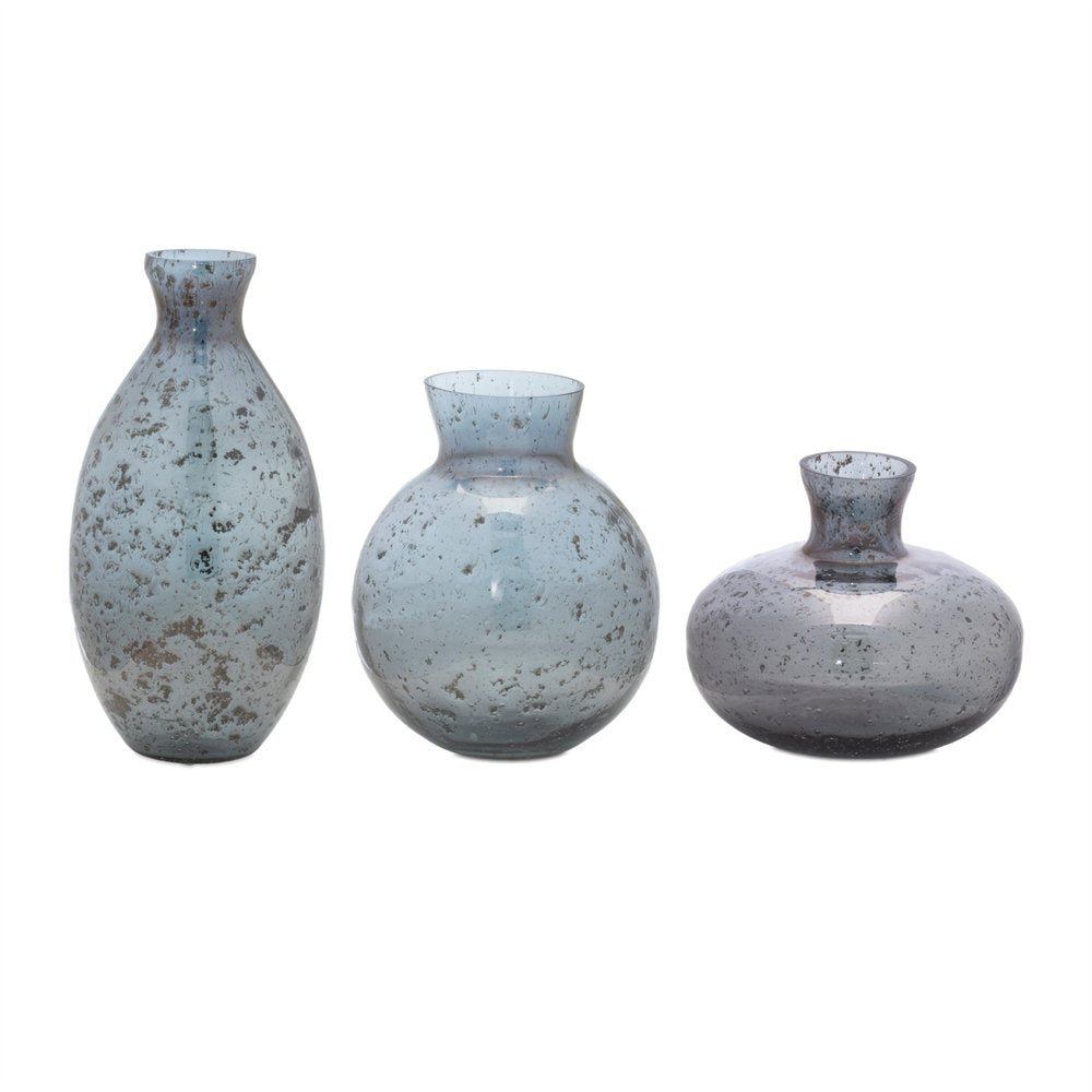Set of Three Blue And Gray Seeded Glass Table Vases HomeRoots