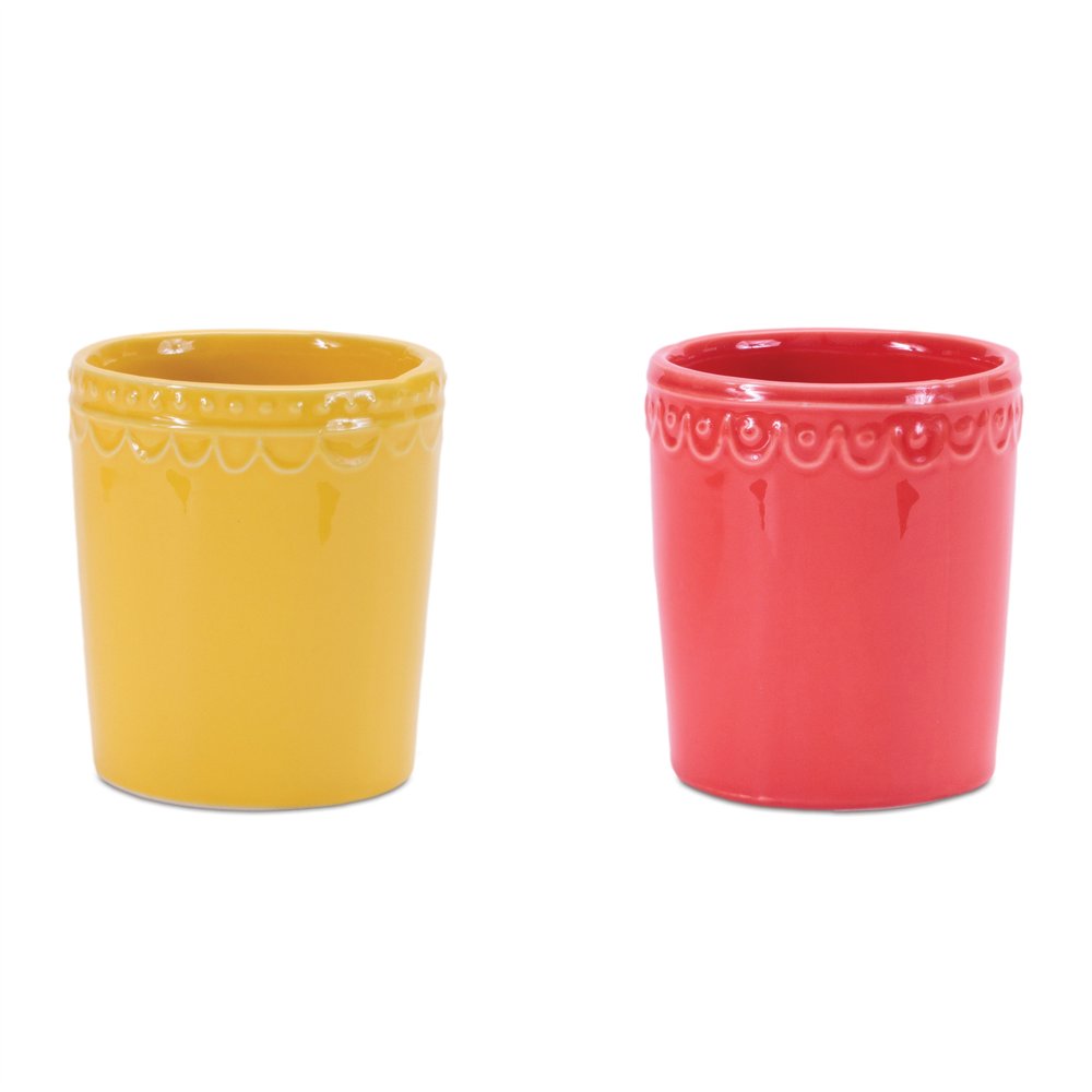 Set of Two Pink And Yellow Ceramic Rectangular Cachepots HomeRoots