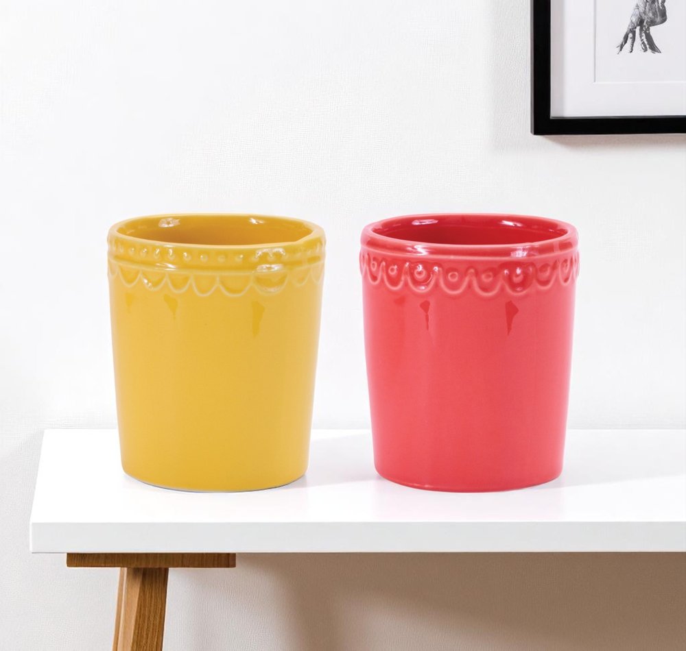 Set of Two Pink And Yellow Ceramic Rectangular Cachepots HomeRoots