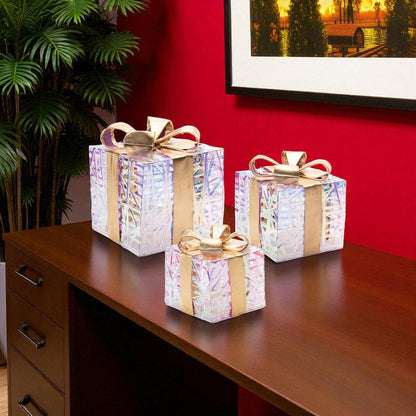 Set of Three Clear And Gold Decorative Boxes With LED HomeRoots