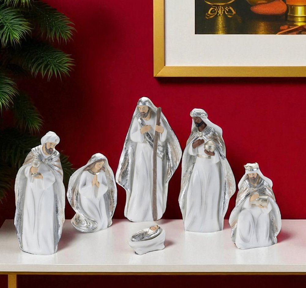 Set of Six White And Silver Resin Christmas Nativity Figurines HomeRoots