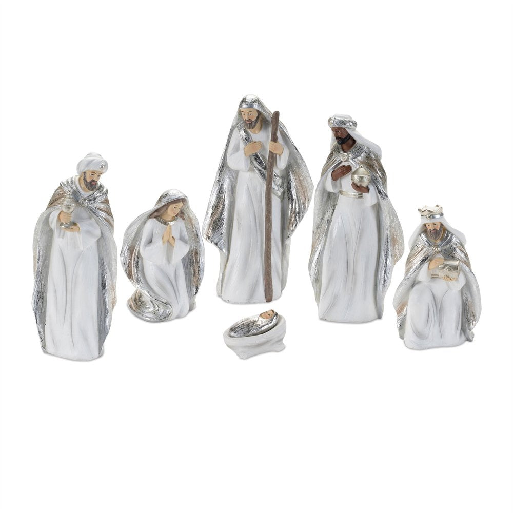 Set of Six White And Silver Resin Christmas Nativity Figurines HomeRoots