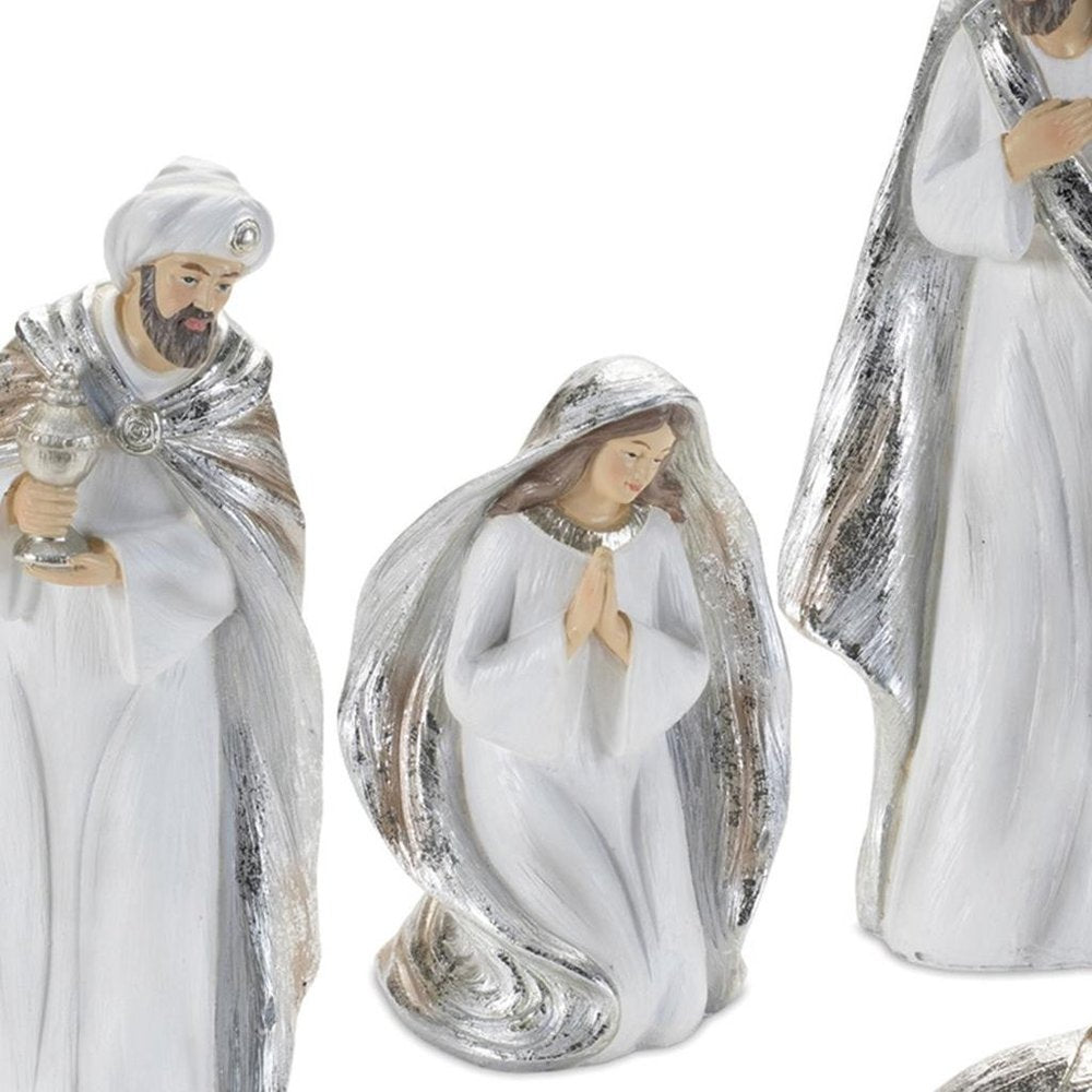 Set of Six White And Silver Resin Christmas Nativity Figurines HomeRoots
