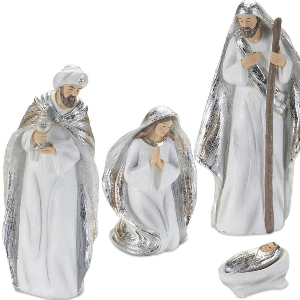 Set of Six White And Silver Resin Christmas Nativity Figurines HomeRoots