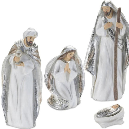 Set of Six White And Silver Resin Christmas Nativity Figurines HomeRoots