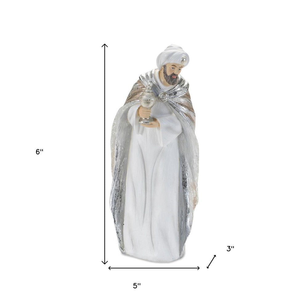 Set of Six White And Silver Resin Christmas Nativity Figurines HomeRoots