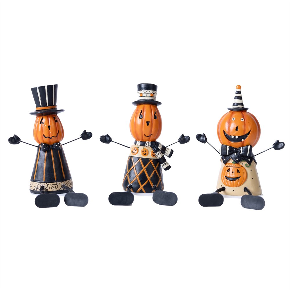 Set of Three Orange And Black Polyresin Halloween Jack-O-Lantern Figurine HomeRoots