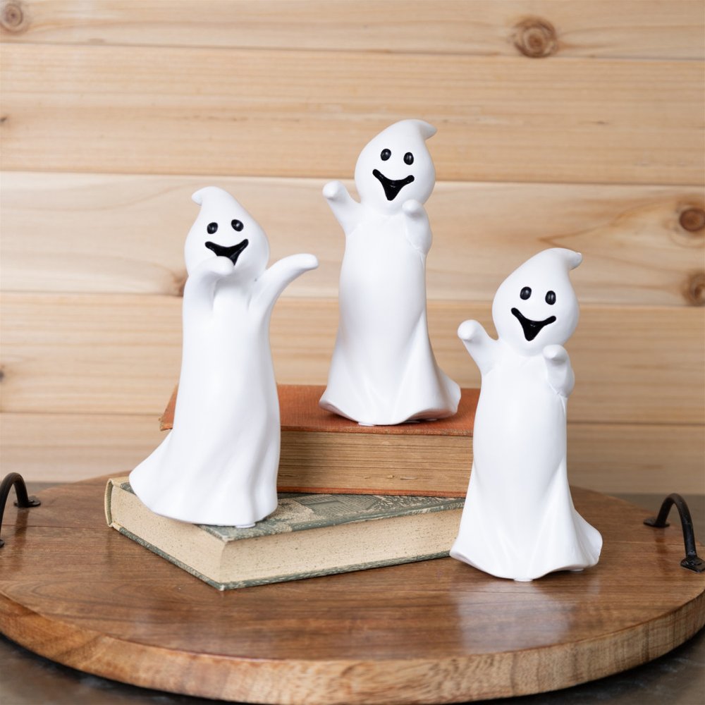 Set of Three White Polyresin Halloween Ghost Figurines HomeRoots