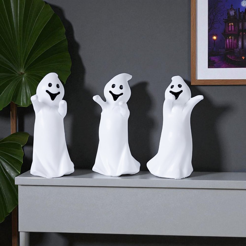 Set of Three White Polyresin Halloween Ghost Figurines HomeRoots