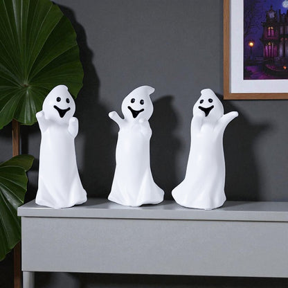 Set of Three White Polyresin Halloween Ghost Figurines HomeRoots