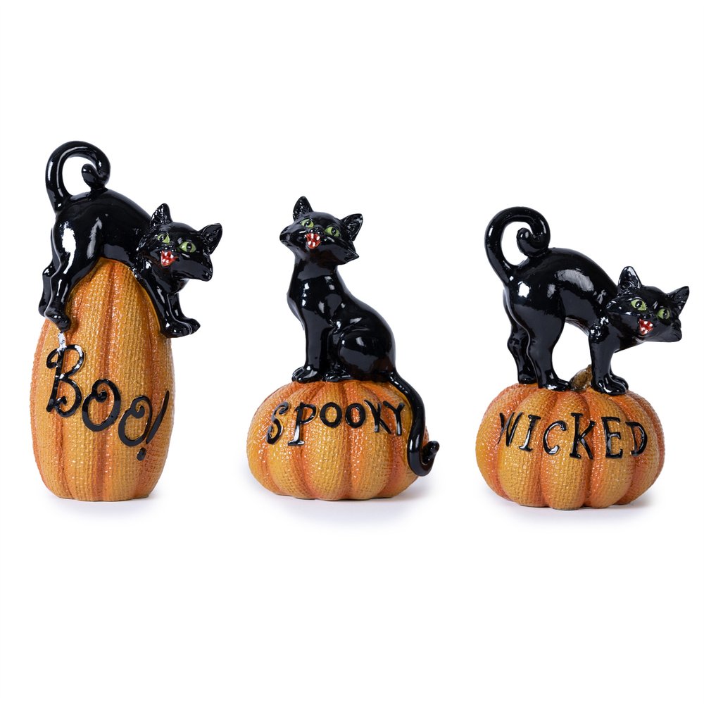 Set of Three Black And Orange Polyresin Halloween Black Cat Figurines HomeRoots