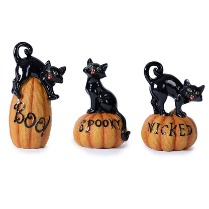 Set of Three Black And Orange Polyresin Halloween Black Cat Figurines HomeRoots